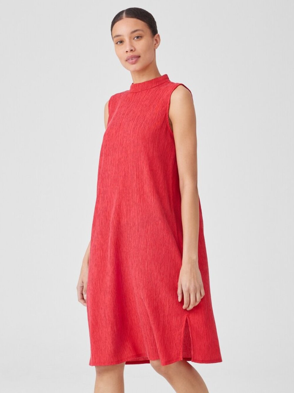 Eileen Fisher Woven Plisse Mock Neck Dress size XL NWOT Grenadine Red/Orange